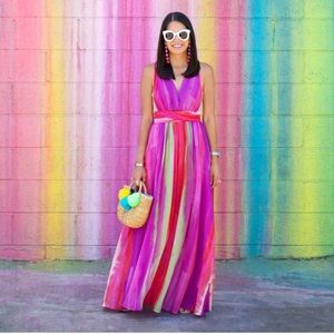 ASOS BEACH PLUNGE pleated maxi in Rainbow print